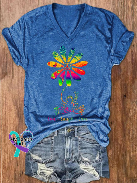 Women’s Peace Love Frog Hippie Flower Daisy Print T-Shirt Blue / S