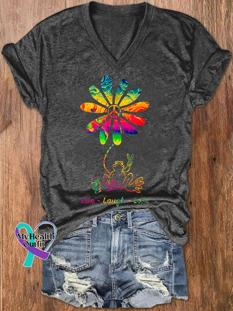 Women’s Peace Love Frog Hippie Flower Daisy Print T-Shirt Dark Grey / S
