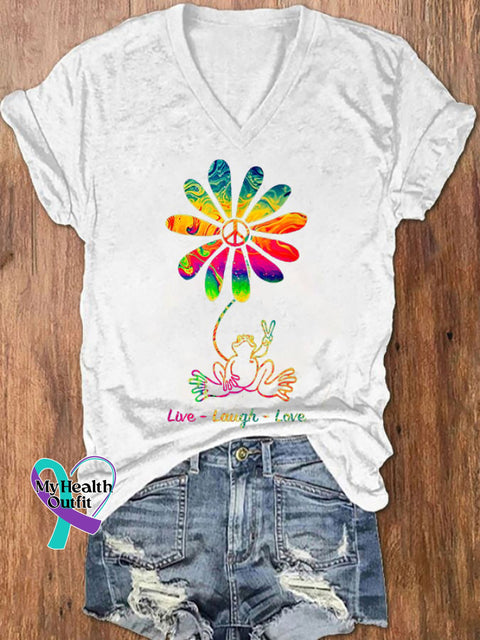 Women’s Peace Love Frog Hippie Flower Daisy Print T-Shirt White / S