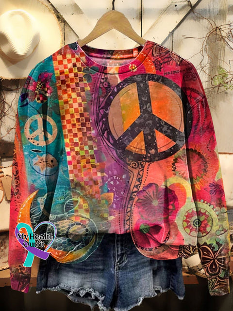 Women’s Peace Love Hippie Watercolor Art Prints Casual Sweatshirt Multicolor / S