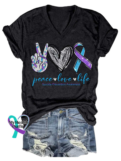 Women’s Peace Love Life Suicide Prevention Awareness V-neck Casual T-Shirt Black / S