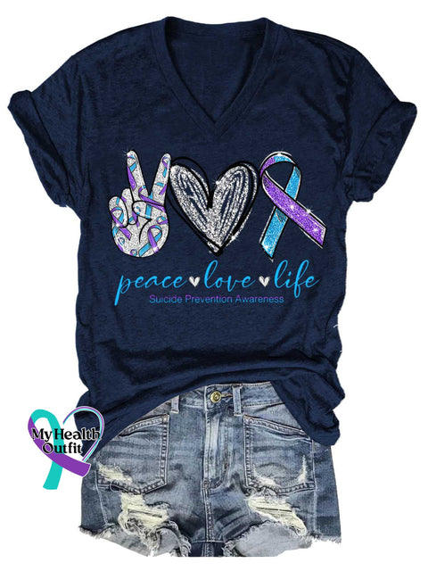 Women’s Peace Love Life Suicide Prevention Awareness V-neck Casual T-Shirt Blue / S