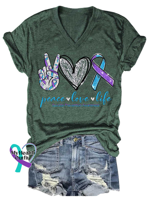Women’s Peace Love Life Suicide Prevention Awareness V-neck Casual T-Shirt Green / S