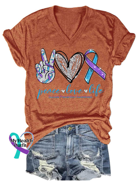 Women’s Peace Love Life Suicide Prevention Awareness V-neck Casual T-Shirt Orange / S