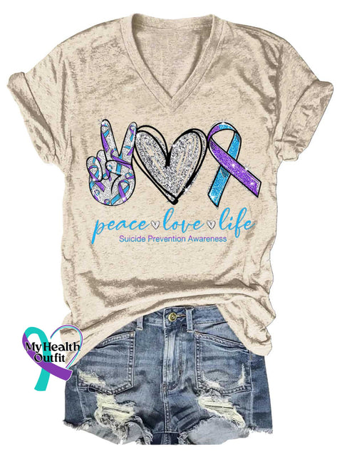 Women’s Peace Love Life Suicide Prevention Awareness V-neck Casual T-Shirt Sand / S