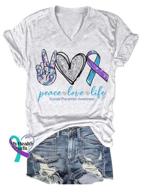 Women’s Peace Love Life Suicide Prevention Awareness V-neck Casual T-Shirt White / S