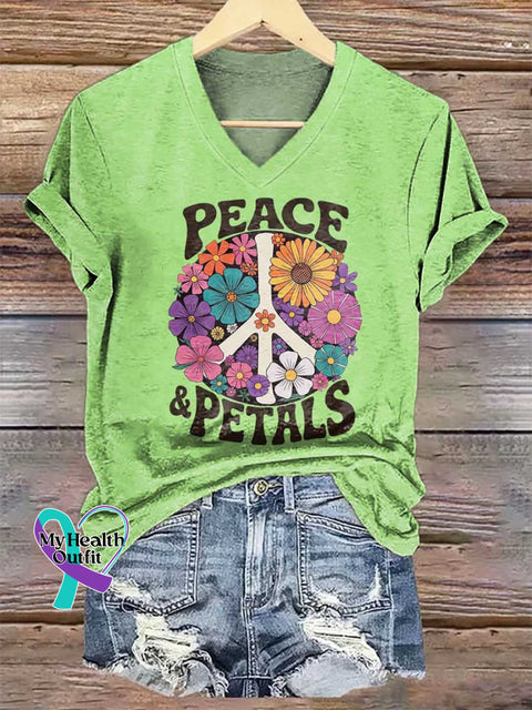 Women’s PEACE & PETALS Peace Sign Floral V-neck Casual T-Shirt Multicolor / S