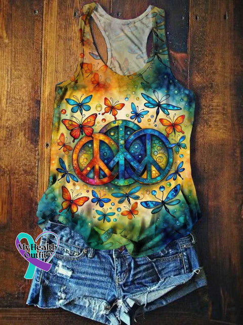 Women’s Peace Sign Dragonfly Butterfly Tank Top Multicolor / S