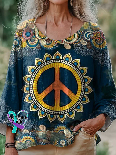 Women’s Peace Sign Floral Love and Peace Print Casual Cotton And Linen Shirt Multicolor / S