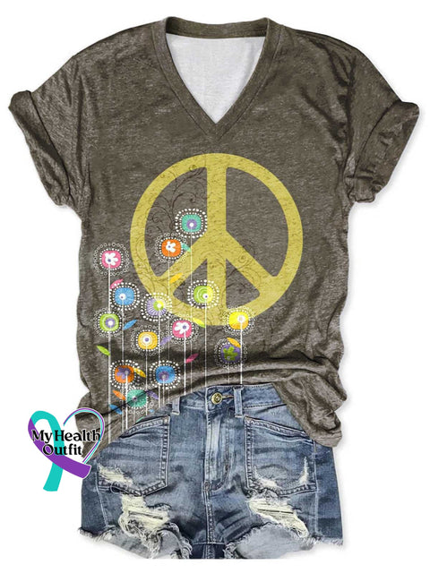 Women’s Peace Sign Floral Love and Peace V-neck Casual T-Shirt Multicolor / S