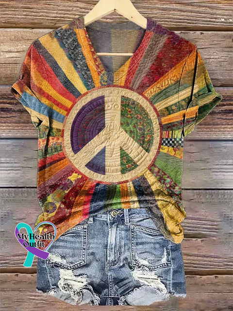Women’s Peace Sign Floral V-neck Casual T-Shirt Multicolor / S