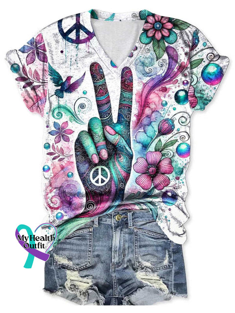 Women’s Peace Sign Floral V-neck Casual T-Shirt Multicolor / S