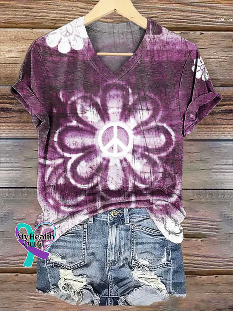 Women’s Peace Sign Floral V-neck Casual T-Shirt Multicolor / S