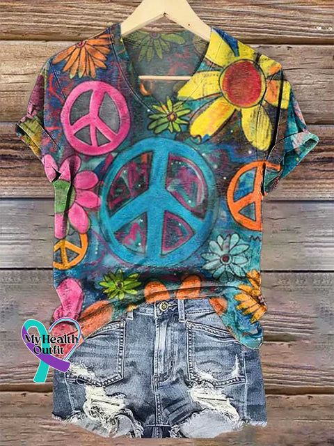Women’s Peace Sign Floral V-neck Casual T-Shirt Multicolor / S