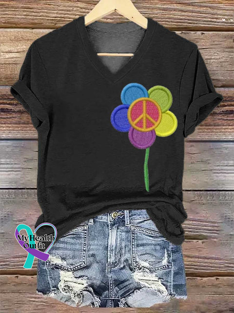 Women’s Peace Sign Flower Art V-neck Casual T-Shirt Black / S