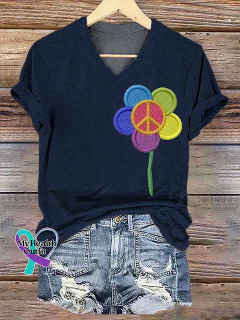 Women’s Peace Sign Flower Art V-neck Casual T-Shirt Blue / S
