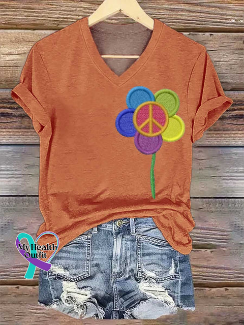 Women’s Peace Sign Flower Art V-neck Casual T-Shirt Orange / S
