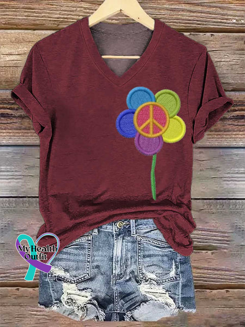 Women’s Peace Sign Flower Art V-neck Casual T-Shirt Red / S