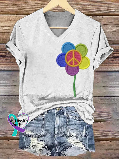 Women’s Peace Sign Flower Art V-neck Casual T-Shirt White / S