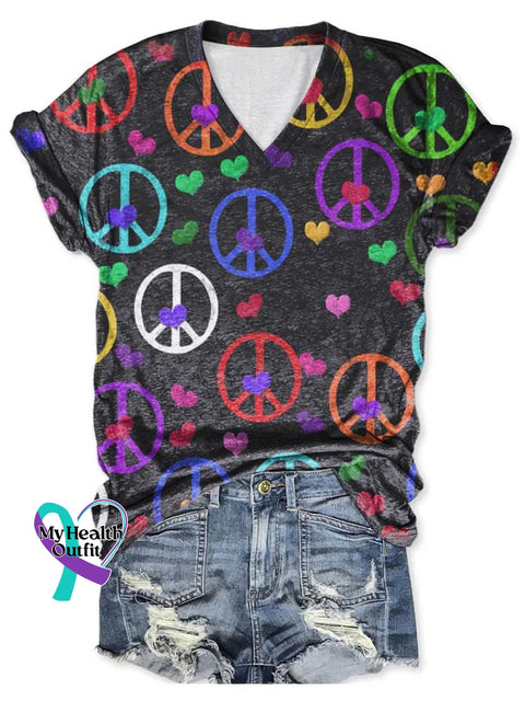 Women’s Peace Sign Heart Shape V-neck Casual T-Shirt Multicolor / S