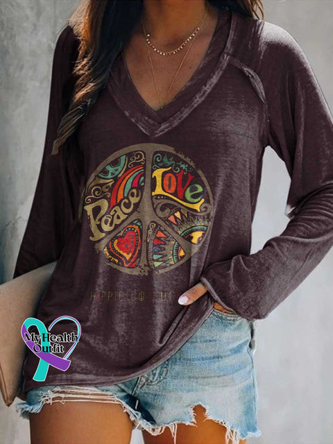 Women’s Peace Sign HIPPIE CO LUCKY Print Casual V Neck Long Sleeve Tops Multicolor / S
