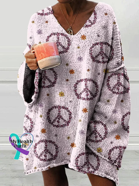 Women’s Peace Sign Love And Peace Casual Pullover Sweater Multicolor / S