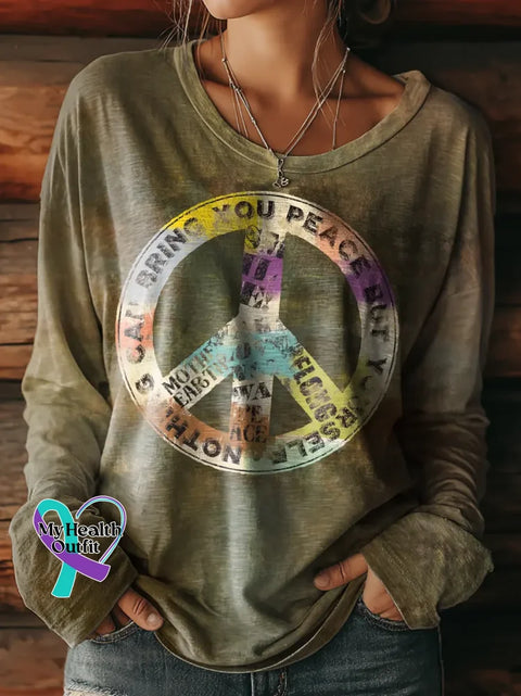 Women’s Peace Sign Love And Peace Print Casual T Shirt Multicolor / S