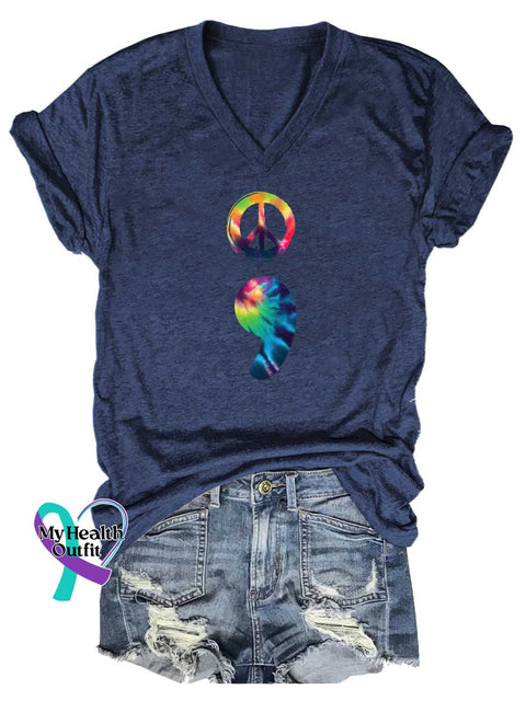 Women’s Peace Sign SUICIDE PREVENTION AWARENESS V-neck Casual T-Shirt Blue / S