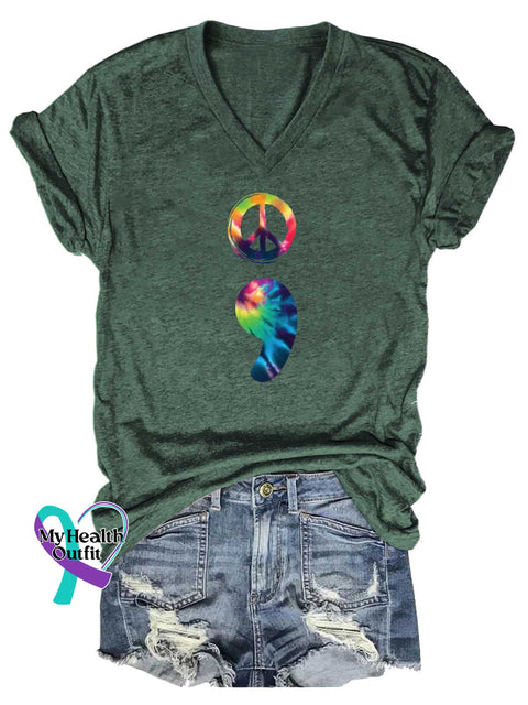Women’s Peace Sign SUICIDE PREVENTION AWARENESS V-neck Casual T-Shirt Green / S