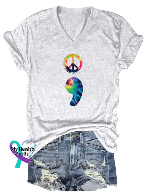 Women’s Peace Sign SUICIDE PREVENTION AWARENESS V-neck Casual T-Shirt White / S