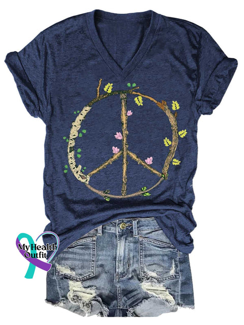 Women’s Peace Sign V-neck Casual T-Shirt Blue / S