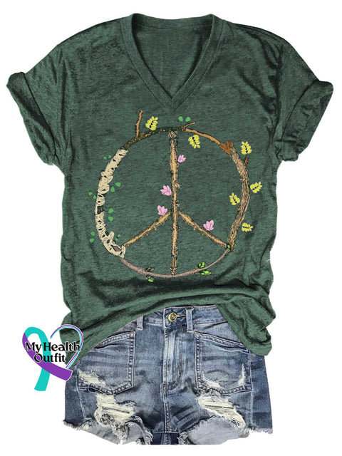 Women’s Peace Sign V-neck Casual T-Shirt Green / S