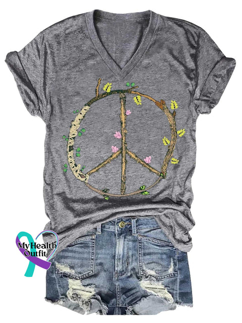 Women’s Peace Sign V-neck Casual T-Shirt Grey / S