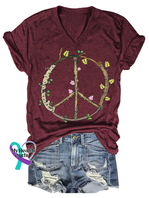 Women’s Peace Sign V-neck Casual T-Shirt Red / S