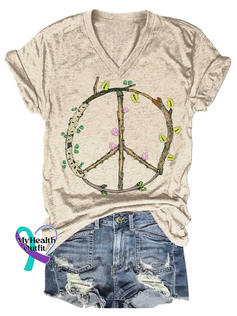 Women’s Peace Sign V-neck Casual T-Shirt Sand / S