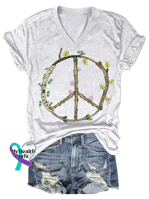 Women’s Peace Sign V-neck Casual T-Shirt White / S