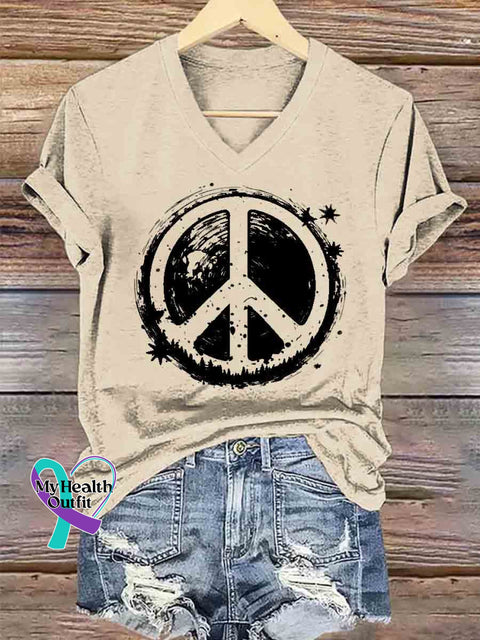 Women’s Peace Symbol Art V neck Casual T Shirt Apricot / S