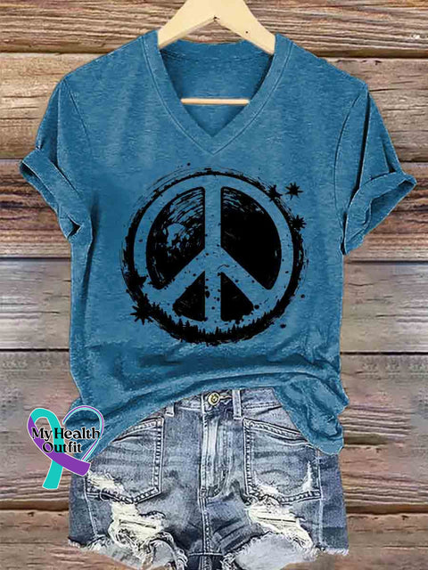 Women’s Peace Symbol Art V neck Casual T Shirt Blue / S