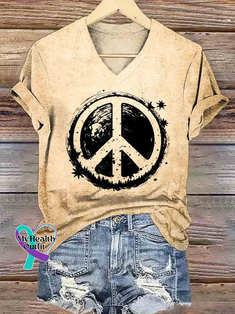 Women’s Peace Symbol Art V neck Casual T Shirt Khaki / S
