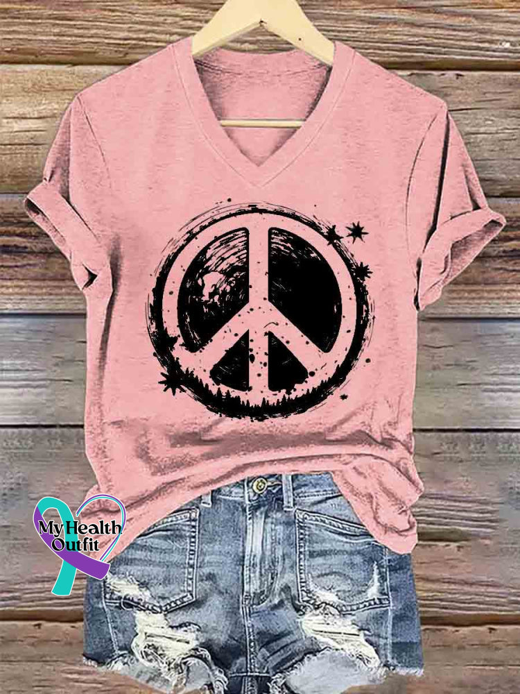 Women’s Peace Symbol Art V neck Casual T Shirt Pink / S