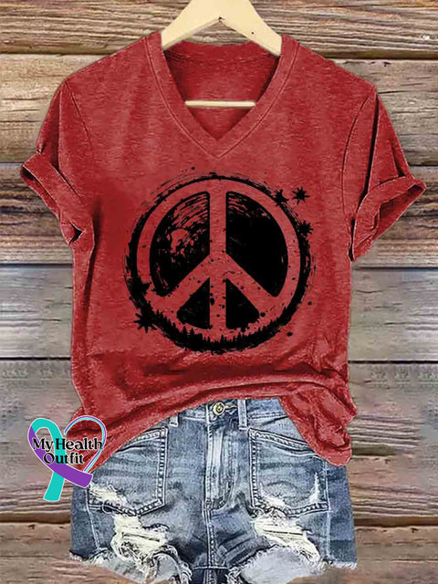 Women’s Peace Symbol Art V neck Casual T Shirt Red / S