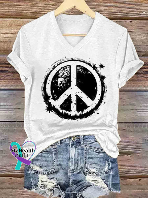 Women’s Peace Symbol Art V neck Casual T Shirt White / S