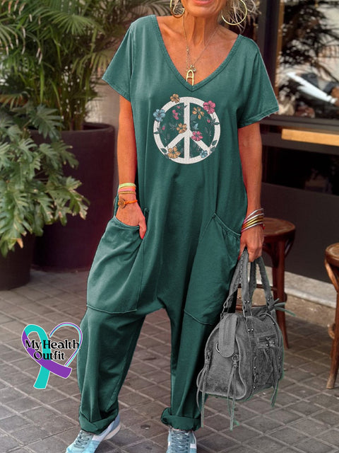 Women’s Peace Symbol Pattern Art Print Casual 100% Cotton Wide Leg Jumpsuit Blue Green / S
