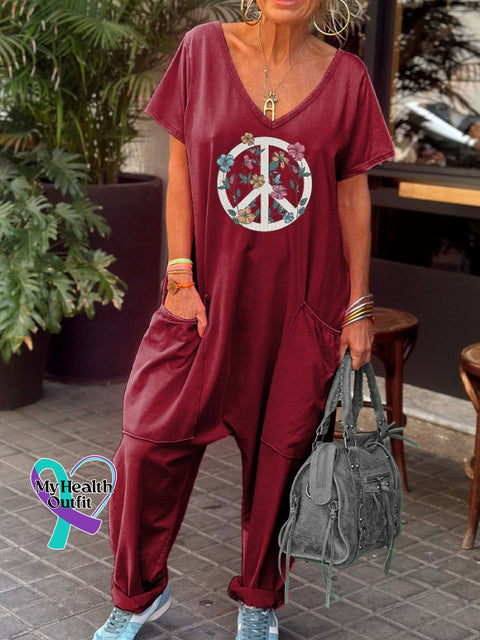 Women’s Peace Symbol Pattern Art Print Casual 100% Cotton Wide Leg Jumpsuit Maroon / S