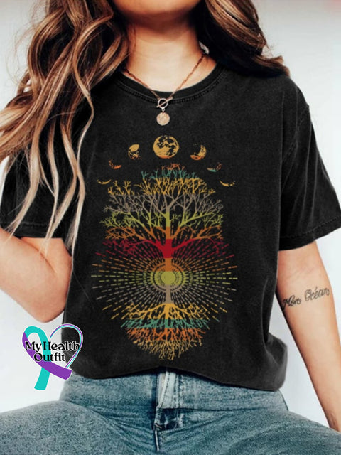Women’s Phases Of The Moon Retro Tree Life Print Casual Short Sleeve T-Shirt Black / S