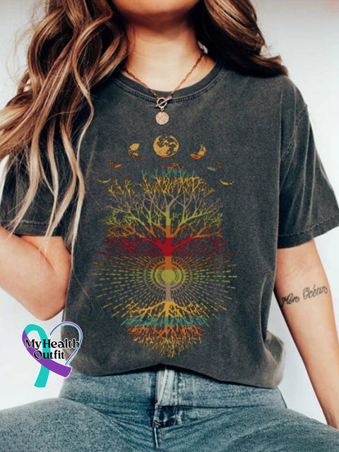 Women’s Phases Of The Moon Retro Tree Life Print Casual Short Sleeve T-Shirt Grey / S