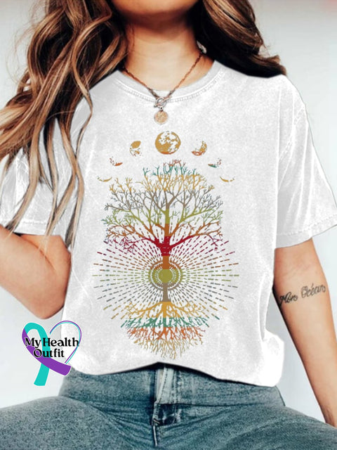 Women’s Phases Of The Moon Retro Tree Life Print Casual Short Sleeve T-Shirt White / S