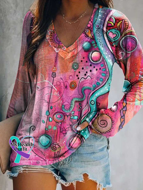 Women’s Pink and Cyan Floral Print Casual V Neck Long Sleeve Tops Multicolor / S