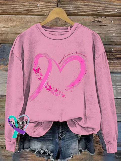 Women’s Pink Art Breast Cancer Awareness Heart Print Casual Sweatshirt Pink / S