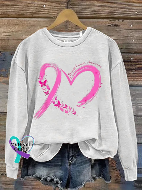 Women’s Pink Art Breast Cancer Awareness Heart Print Casual Sweatshirt White / S
